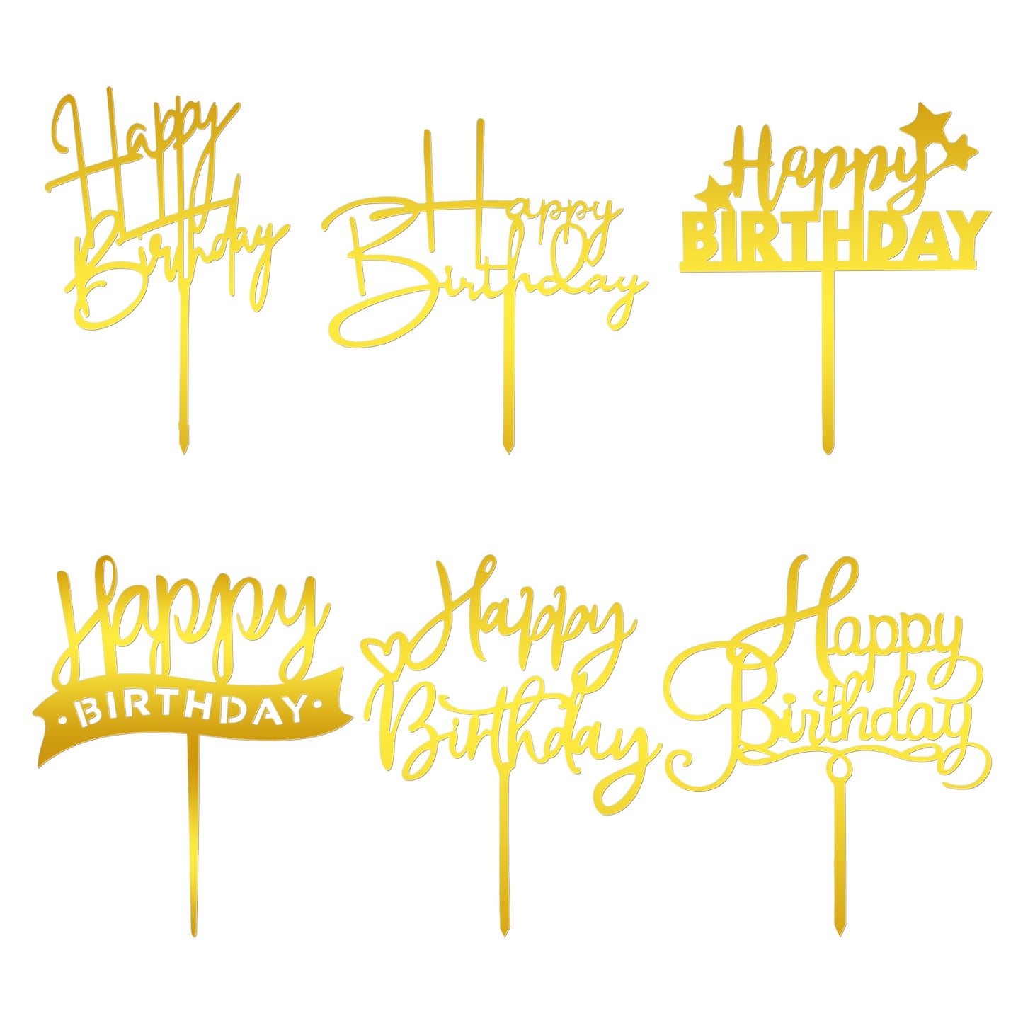 6Pcs Gold Happy Birthday Cake Toppers Acrylic Happy Birthday Sign for Cake 6 Styles Cakes Inserts Cupcake Topper Cakes Decorations for Anniversary Bridal Shower Desserts Pastries Supplies