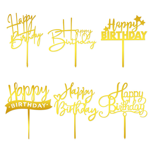 6Pcs Gold Happy Birthday Cake Toppers Acrylic Happy Birthday Sign for Cake 6 Styles Cakes Inserts Cupcake Topper Cakes Decorations for Anniversary Bridal Shower Desserts Pastries Supplies