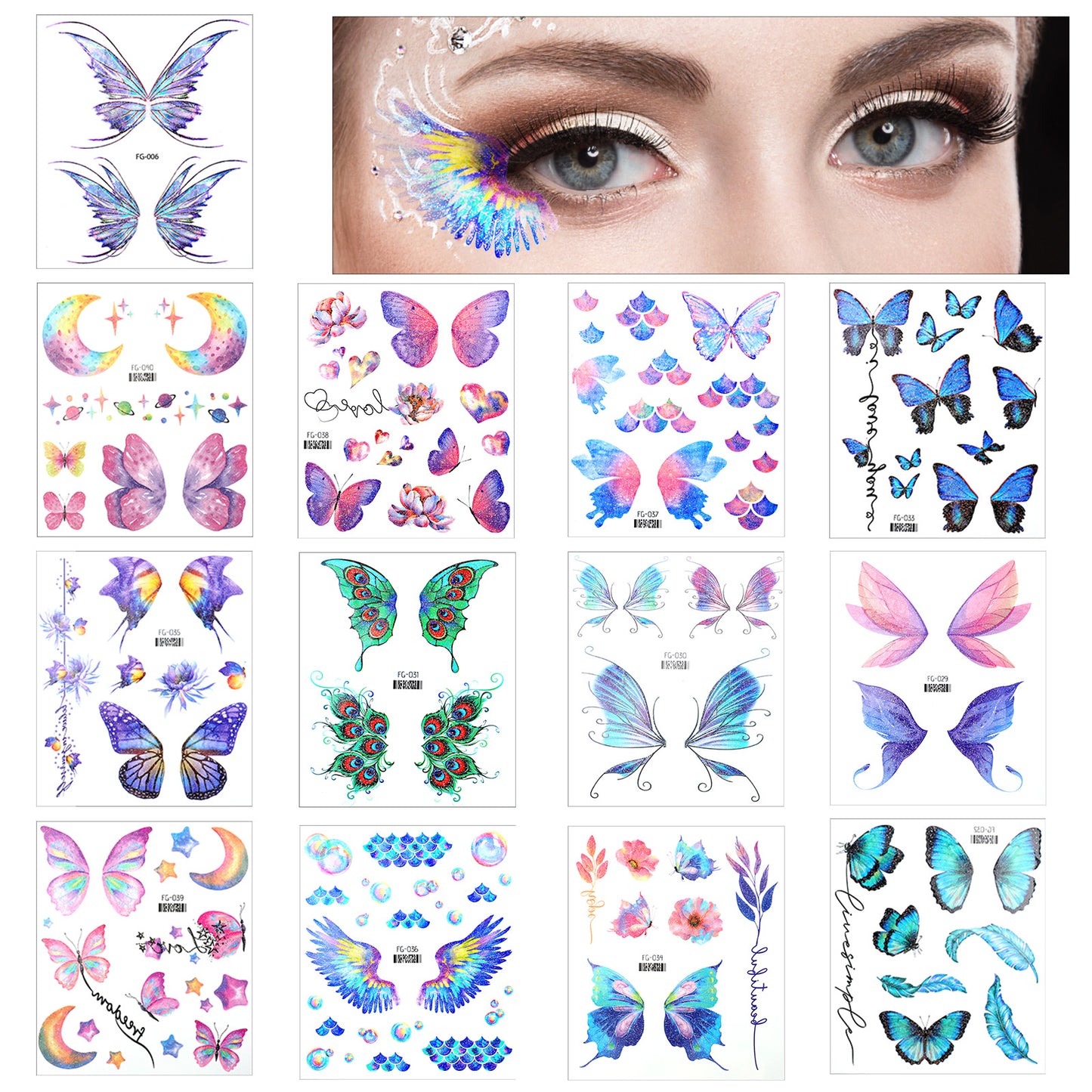 Glitter Butterfly Temporary Tattoos, 13 Sheets Colorful Waterproof Fairy Tattoos Stickers for Women, Face, Eye, Neck, Body, Party, Gifts
