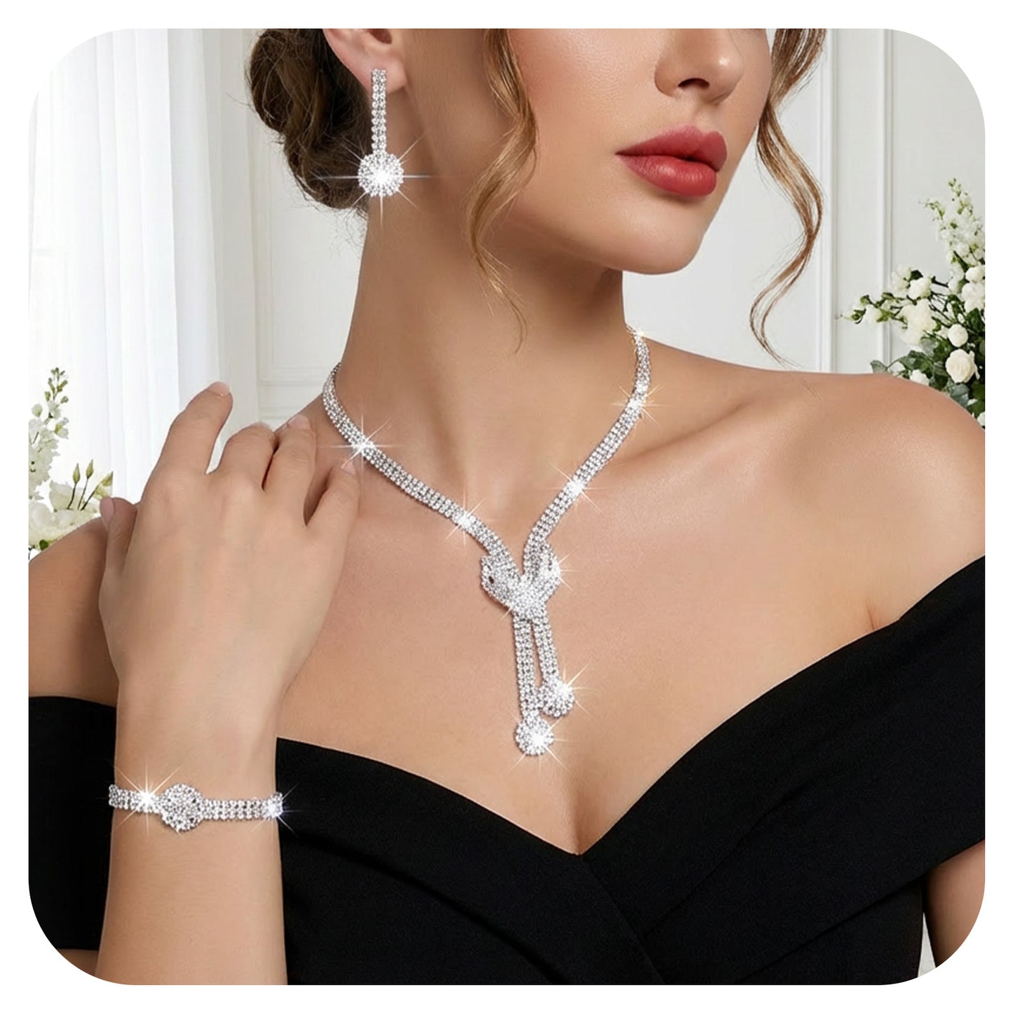 Yolev Silver Wedding Jewelry Sets for Women Rhinestone Necklace Earrings Bracelet Sets Bling Crystal Bridal Jewelry Set for Wedding Women and Brides