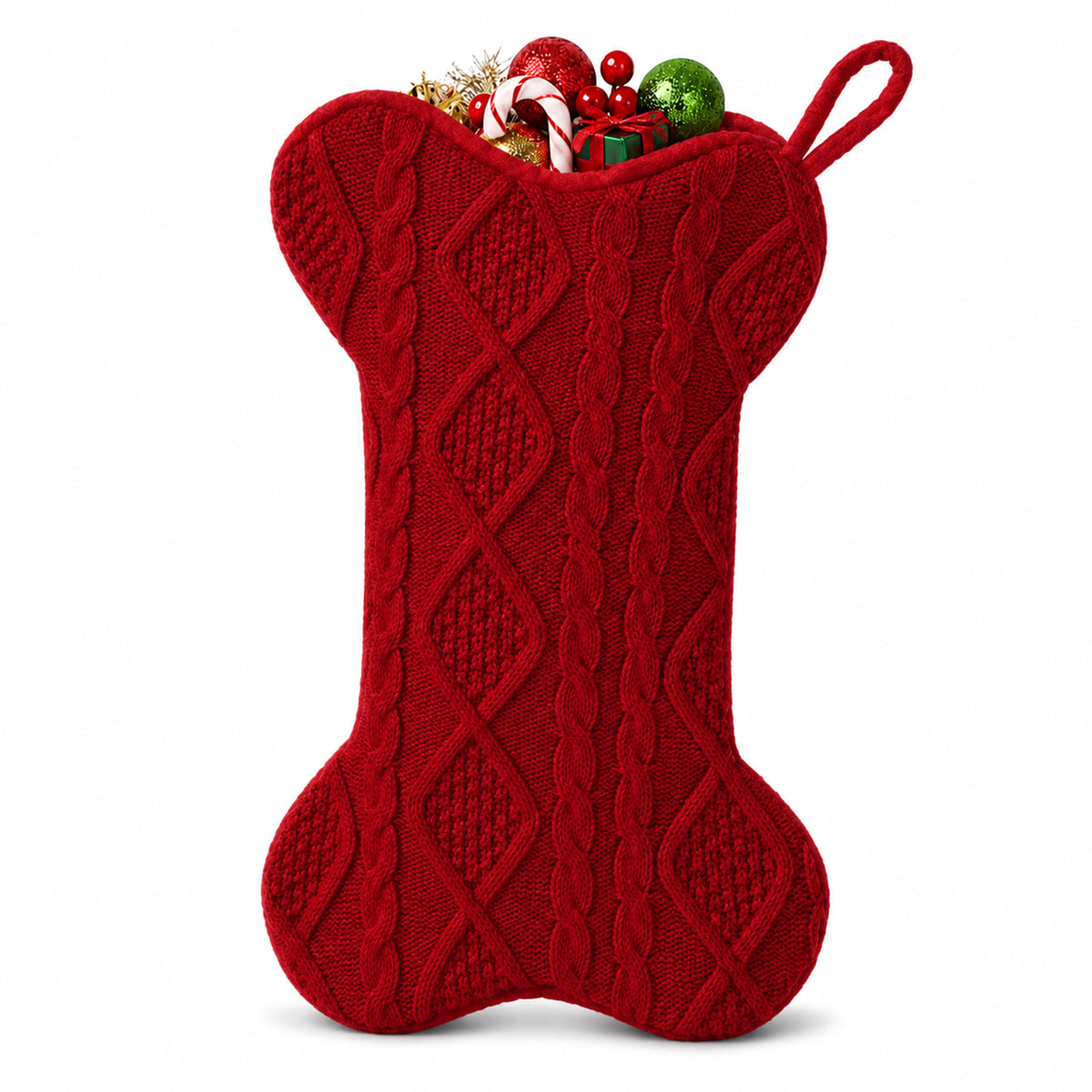 Dog Christmas Stocking, Large Bone Shape Knit Christmas Stockings(Red)