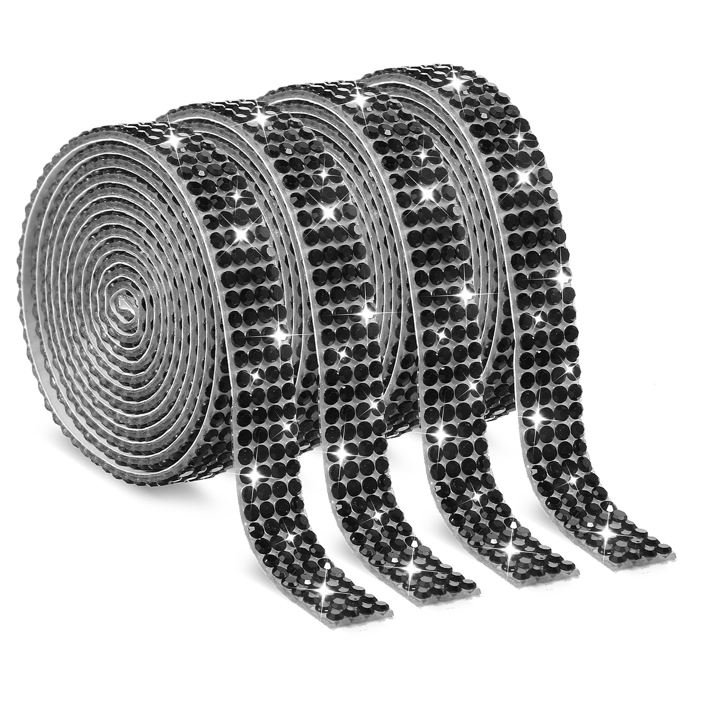 Self Adhesive Rhinestone Ribbons 4 Rolls Bling Crystal Rhinestone Strips Stickers Glitter Wrap Roll for DIY Crafts Clothes Car Shoes (4 Rows of 1 Yard, Black)