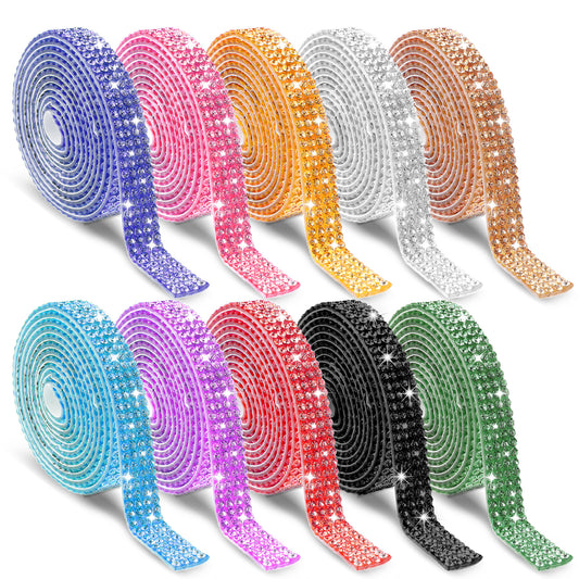 10 Rolls Self Adhesive Rhinestone Ribbon Crystal Diamond Tape Assorted Colors Rhinestone Strips for DIY Phone Car Rhinestone Hat Band Decorations Glitter Arts Crafts Sticker (Each Roll 1 Yard)