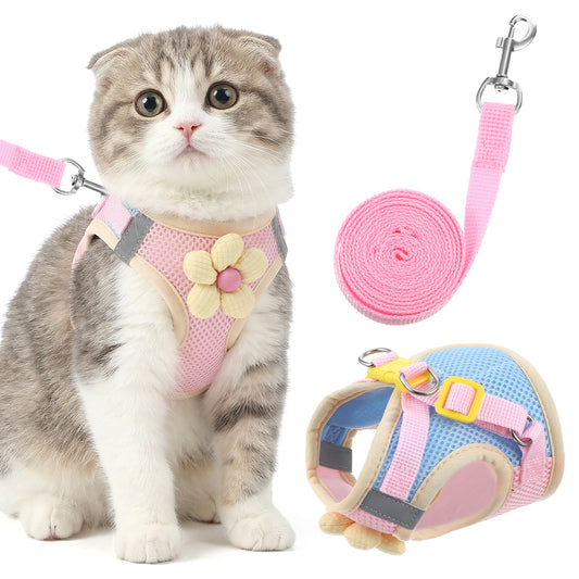 Cat Harness and Leash Set for Walking Escape Proof, Adjustable Soft Breathable Mesh Vest with Reflective Strips, Easy to Wear Secure Fit Kitten Harness for Cats, Kitty Puppy, Bunny, Ferret (Pink)