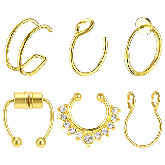 HekouJiub 6Pcs Gold Fake Nose Ring Magnetic Fake Septum Stainless Steel Nose Ring Hoop Hypoallergenic Clip On Nose Lip Ring Rhinestone Non-Pierced Septum Ring for Women Men