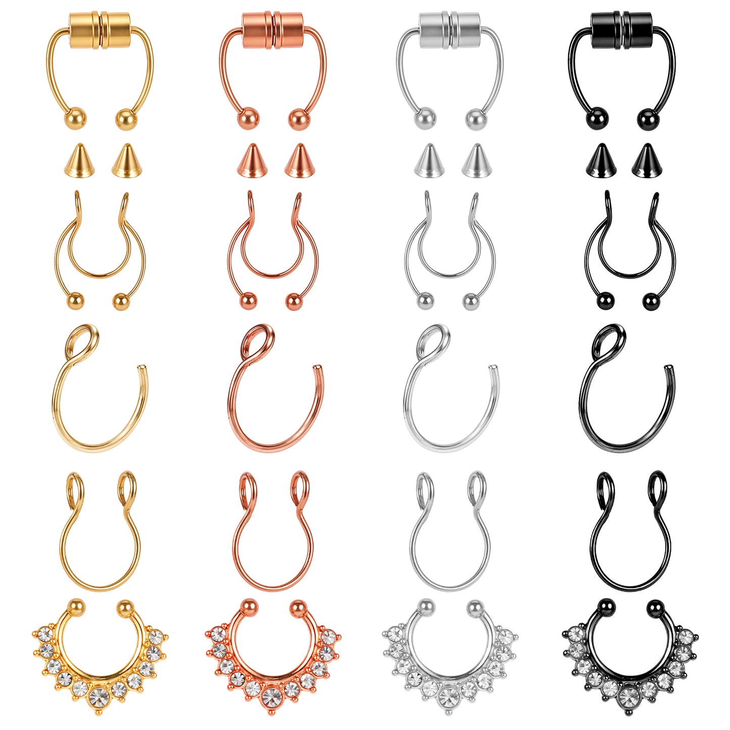HekouJiub 20 Pcs Fake Nose Ring Magnetic Fake Septum Stainless Steel Nose Ring Hoop Hypoallergenic Clip On Nose Lip Ring Rhinestone Non-Pierced Septum Ring for Women Men