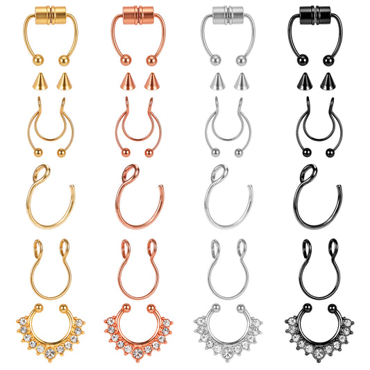 HekouJiub 20 Pcs Fake Nose Ring Magnetic Fake Septum Stainless Steel Nose Ring Hoop Hypoallergenic Clip On Nose Lip Ring Rhinestone Non-Pierced Septum Ring for Women Men