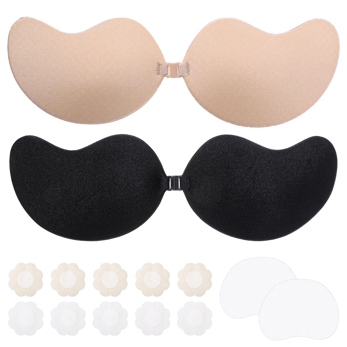 Josojoou 2 Pairs Sticky Push up Bra with 1Silicone Nipple Covers and 5 Pairs Non-Woven Nipple Covers, Strapless Invisible Bra, Reusable Silicone Bras, for Strapless, Backless Dresses