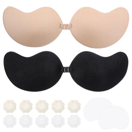 Josojoou 2 Pairs Sticky Push up Bra with 1Silicone Nipple Covers and 5 Pairs Non-Woven Nipple Covers, Strapless Invisible Bra, Reusable Silicone Bras, for Strapless, Backless Dresses