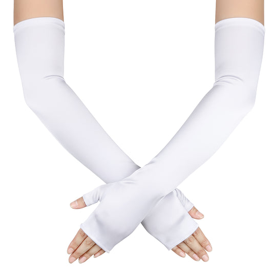 White Long Fingerless Gloves, Satin Arm Warmer Sleeves, Elbow-Length Long Opera Gloves for Brides, Weddings, Parties, Operas, Tea Parties, Balls, Evening Gowns, Cosplay, Halloween, Costumes (White)