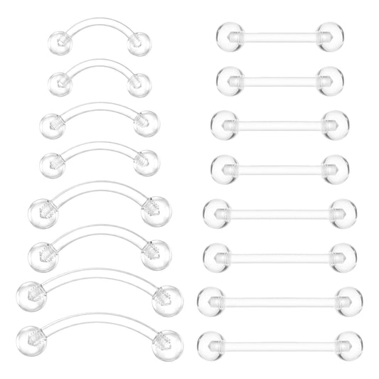 DIVINA VITAE 16pcs Clear Acrylic Nipple Rings, 14g 1.6mm Barbell Piercing Jewelry with 12/14/16/18mm Bar Length, Flexible Plastic Retainers for Nipple Tongue Lip Eyebrow