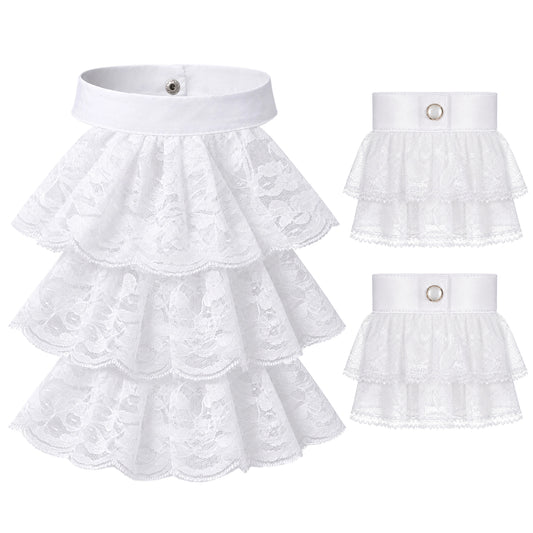 Dimioaoa Jabot Lace with 2 Ruffle Cuffs, White Lace Clown Ruffle Collar