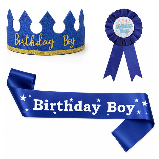 Gemoioio Birthday Party Decoration Set for Boy - King Crown with Hat, Birthday Boy Sash & Accessories, Complete BirthdayKing Dress-Up Kit for 3-12Years Birthdays Celebration