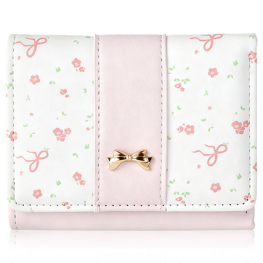 Josojoou Floral Coquette Bow Small Wallet, Floral Bow Cute Wallets for Women, Cute and Fashionable Small Pink Wallet for ID Card, Credit Card, Gift Cards, Coins, Cash, Suitable for Women Girls