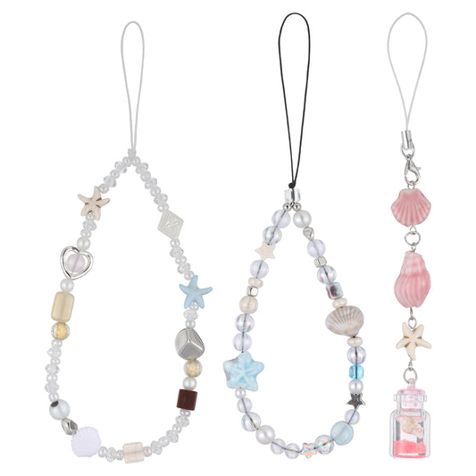 Josojoou 3 Pcs Phone Charm Strap Y2K Beaded Wrist Bracelet Strap, Cute Starfish Digital Camera Bracelet Wrist Lanyard, Beaded Camera Chain String Accessories for Wallet Phone Bag Keychain