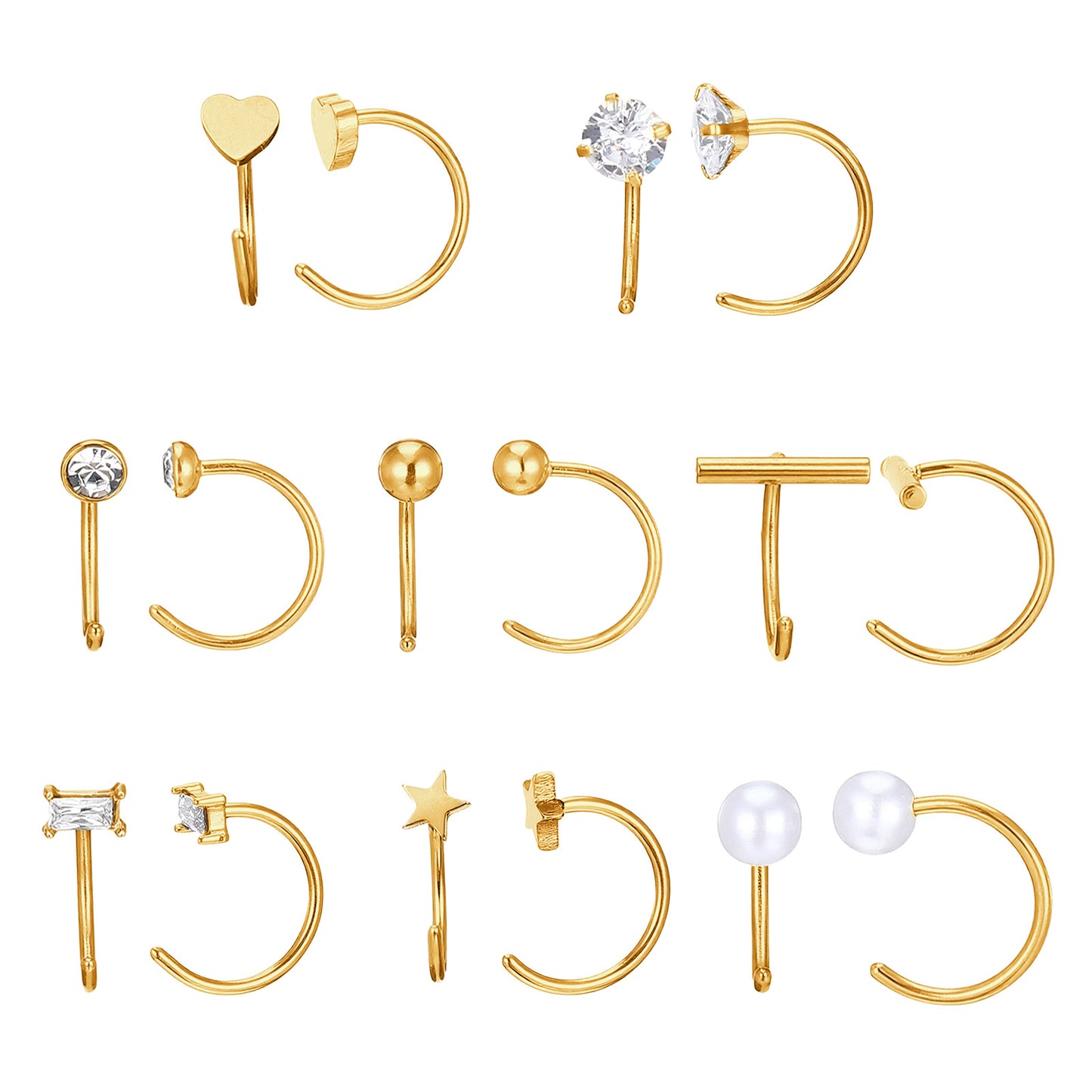 8 Pairs Stainless Steel Half Hoop Earrings | Huggie Hoop Earrings | Backless Earring for Women -Gold, Zircon, Pearl, Heart, Star, Bar, Ball, Dot