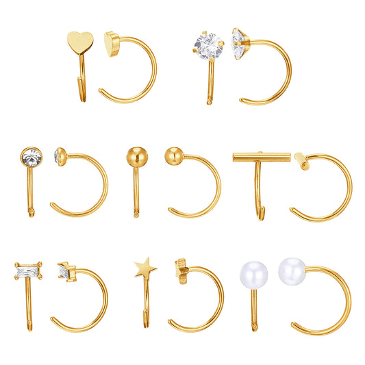 8 Pairs Stainless Steel Half Hoop Earrings | Huggie Hoop Earrings | Backless Earring for Women -Gold, Zircon, Pearl, Heart, Star, Bar, Ball, Dot