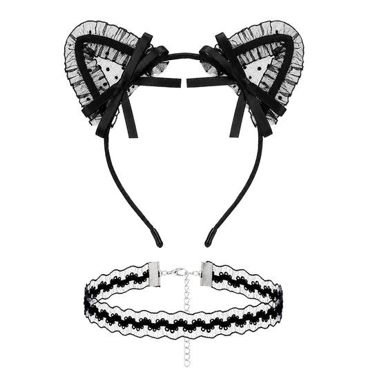 Black Lace Cat Ear Headband & Collar for Women Halloween Costume(Style B)