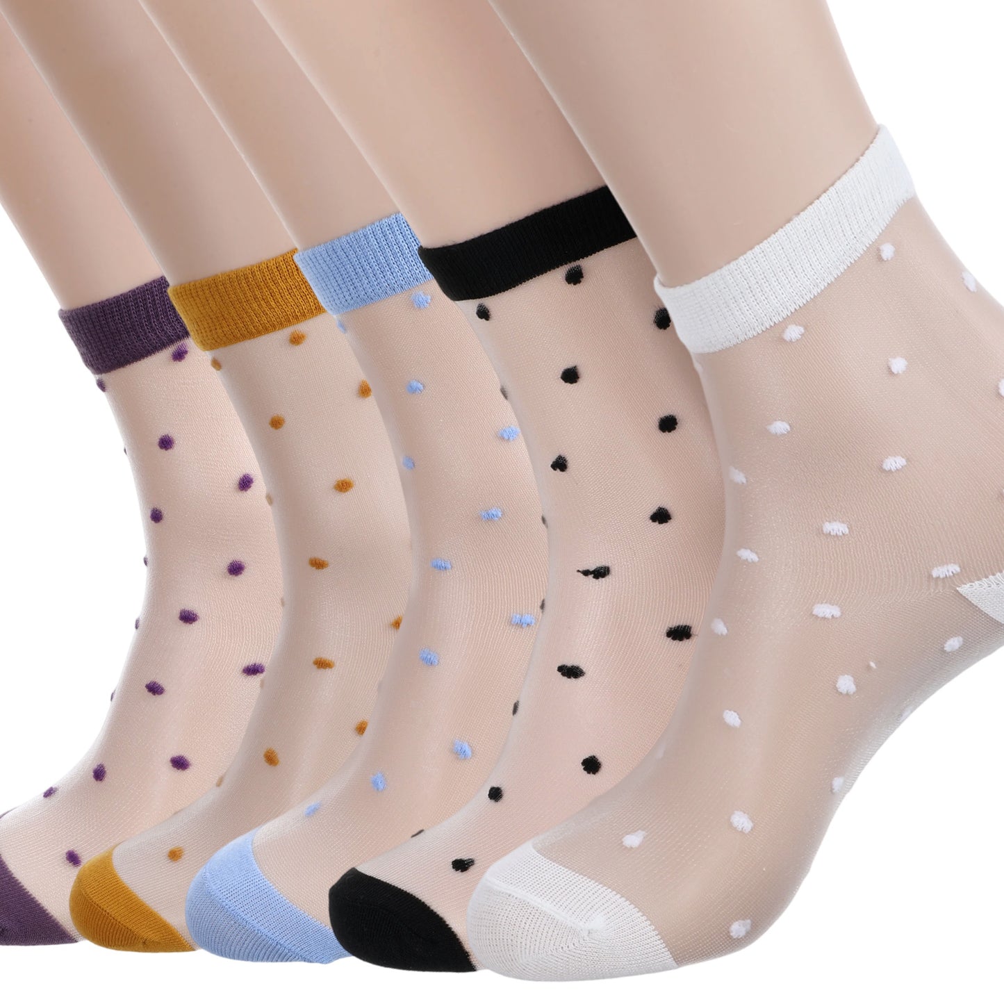 Yolev 5 Pairs Sheer Polka Dot Socks Ultra Thin Womens Sheer Sock Cute See Through Socks 5 Colors Ankle Sock for Women