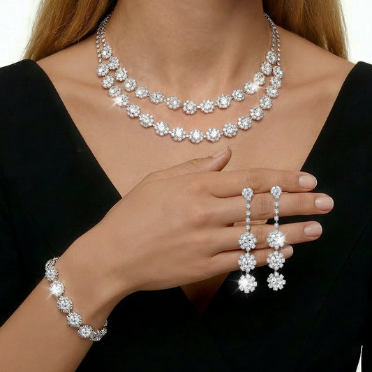 Josojoou Bridal Wedding Jewelry Set Silver Rhinestone Necklace Earrings Bracelet Bridal Wedding Prom Dresses Silver Plated Jewelry Kit for New Years Eve Party Costume Accessories