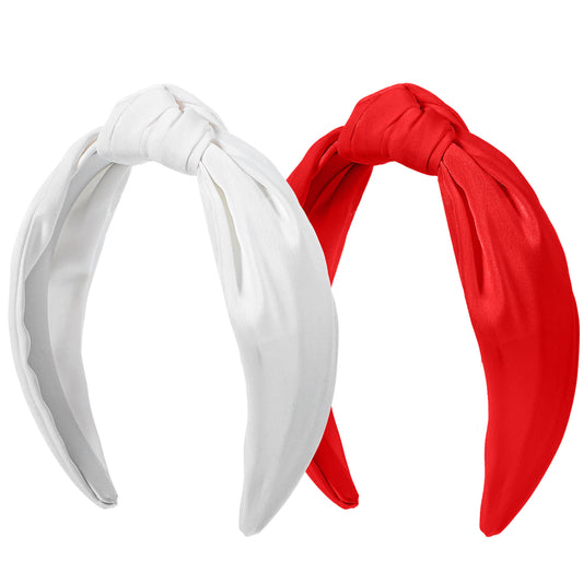 Lusofie 2Pcs Knotted Headband for Women, Wide Top Knot Headband for Women, Pure Color Simplicity Hair Band for Female(Red and White)
