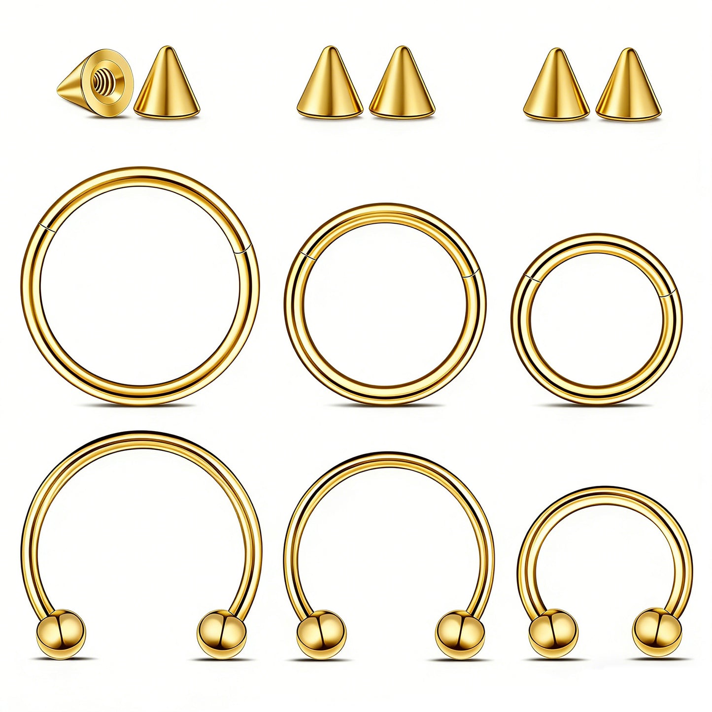 Yolev 12pcs Horseshoe Rings Septum Rings 16g Septum Nose Ring Hoops Surgical Steel Piercing Jewelry 8mm/10mm/12mm Hinged Clicker Segment Ring Lip Eyebrow Daith Helix Cartilage Earrings (Gold)