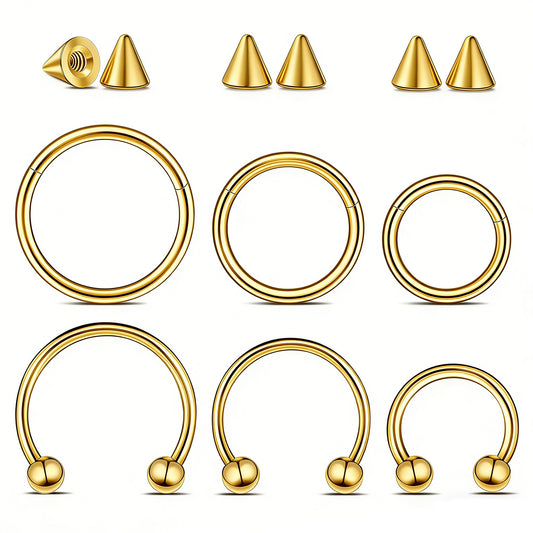 Yolev 12pcs Horseshoe Rings Septum Rings 16g Septum Nose Ring Hoops Surgical Steel Piercing Jewelry 8mm/10mm/12mm Hinged Clicker Segment Ring Lip Eyebrow Daith Helix Cartilage Earrings (Gold)