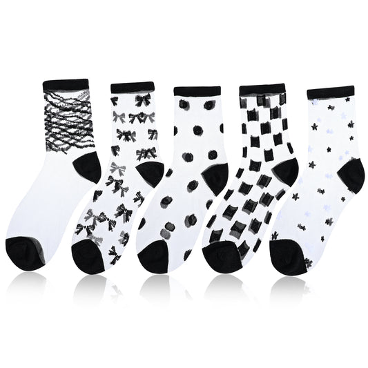 Lusofie 5 Pairs Sheer Socks Black See Through Socks Checkered Dot Striped Plaid Ankle Summer Socks for Women Thin Fashion (Style E)