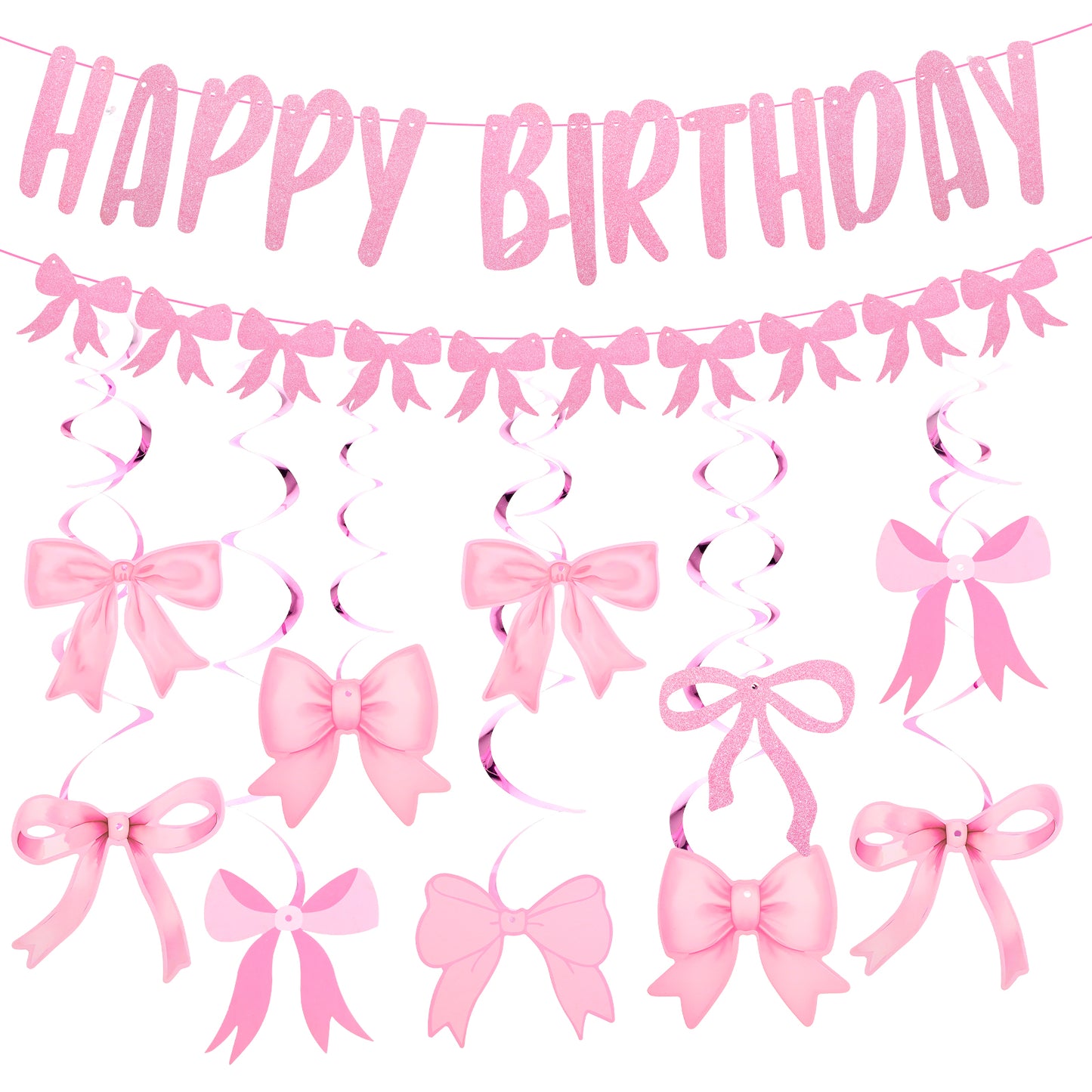 Pink Birthday Decorations for Girls and Women Cute Happy Birthday Banner with Hanging Swirls Pink Party Decorations (2 Banners + 14 Bow Hanging Swirls)