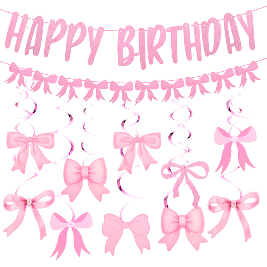 Pink Birthday Decorations for Girls and Women Cute Happy Birthday Banner with Hanging Swirls Pink Party Decorations (2 Banners + 14 Bow Hanging Swirls)