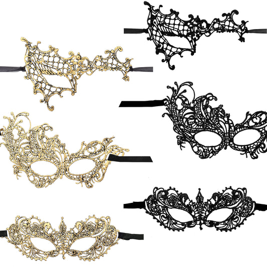 Yolev 6 Pcs Masquerade Masks for Women Gold Black Lace Mask 6 Styles Masquerade Mask for Glasses Couples Halloween Prom Ball Party Mardi Gras Lace Face Mask