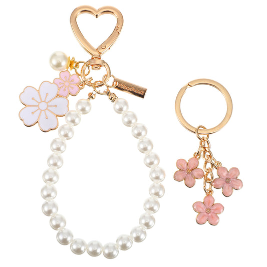 Yolev 2 Pcs Cute Keychains for Women Pearl Flower Keychain Wristlet Fashion Car Key Chain Flower Key Chain for Car Keys Women Purse Bag Backpack Accessories