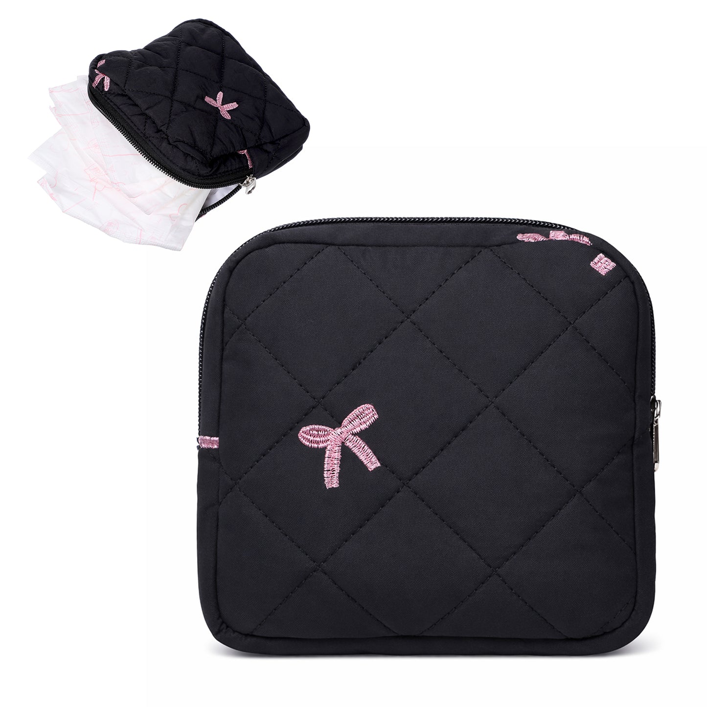 Cute Bow Sanitary Napkin Storage Bag with Dividers and Zipper, Cute Period Bag Pouch, Portable Tampon Holder for Purse That Can Hold Sanitary Napkins, Panty Liners, Tampons, and Menstrual Cups