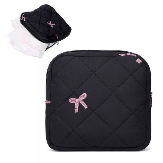 Cute Bow Sanitary Napkin Storage Bag with Dividers and Zipper, Cute Period Bag Pouch, Portable Tampon Holder for Purse That Can Hold Sanitary Napkins, Panty Liners, Tampons, and Menstrual Cups