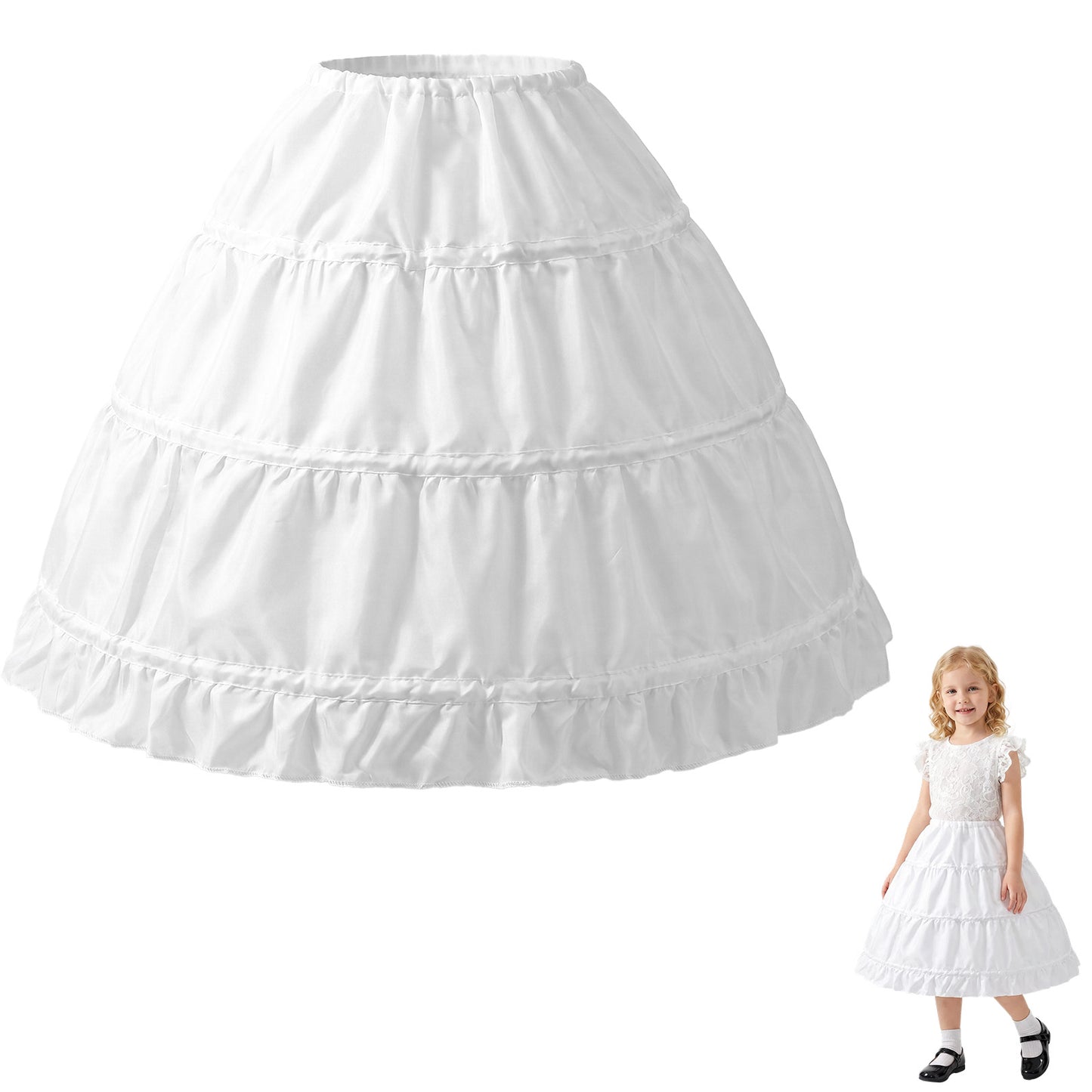 Neyauo Girls Petticoat With 3 Hoops Crinoline Underskirt Lightweight Full Slip Skirt Lace Edge for Party Prom Formal Dress(6-7Years) White