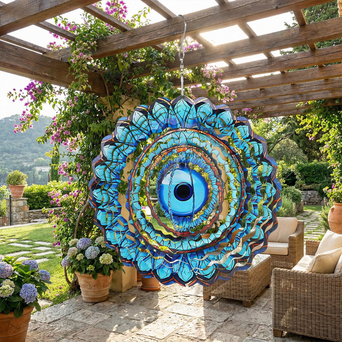 3D Wind Spinner, Evil Eye Blue Stainless Steel Hanging Ornament, Laser Cut Metal Art For Indoor Outdoor Garden Decoration, Protective Amulet For Home And Yard