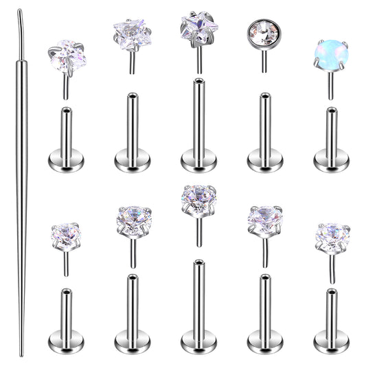 Neyauo 10 Pcs 18G Threadless Push in Flat Back Piercing Jewelry Stainless Steel Nose Rings Labret Lip Studs Cartilage Helix Tragus Earrings 6mm 7mm 8mm Bars for Women Men