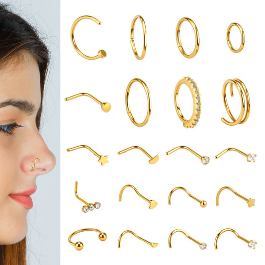 Tucnoeu 20 Gauge Nose Ring Set - 20Pcs 14K Gold Filled Nose Ring Studs & Hoops - Gold Noses Piercing Jewelry for Women & Men