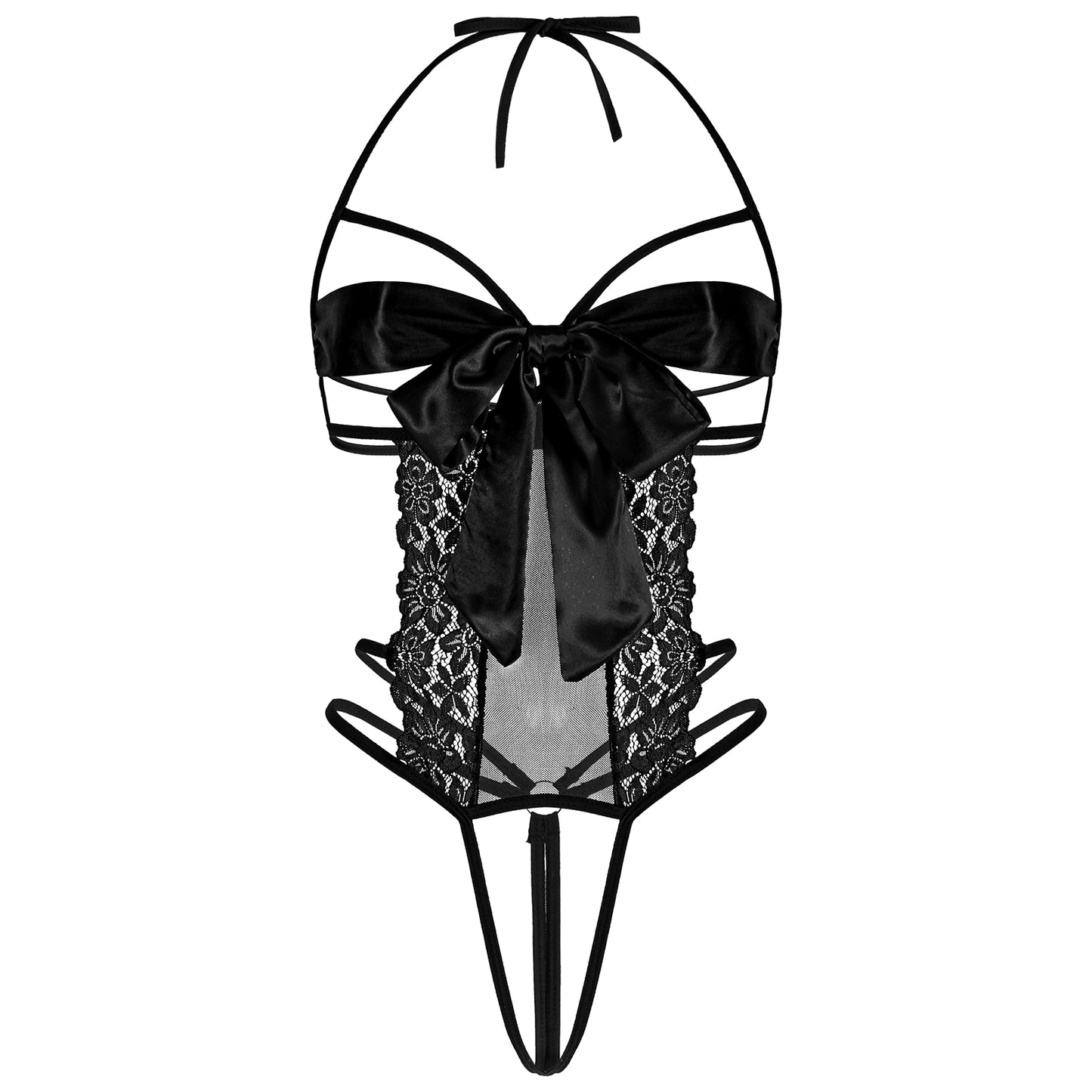 Telooco One Piece Lingerie for Women Lace Teddy Bodysuit Unwrap Me Bow Tie Cutout Strappy Sexy Lingerie Set (Black)