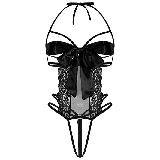 Telooco One Piece Lingerie for Women Lace Teddy Bodysuit Unwrap Me Bow Tie Cutout Strappy Sexy Lingerie Set (Black)