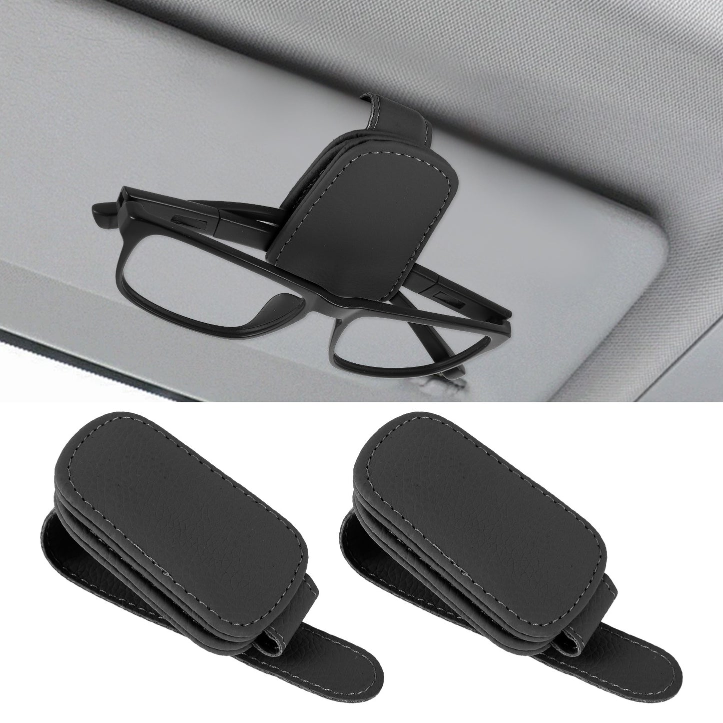 Lusofie 2Pcs Sunglasses Holder for Car Magnetic Car Glasses Holder Sunglass Holders for Cars Sun Visor Leather Sunglasses Holders Auto Interior Accessories for Different Size Eyeglasses (Black)