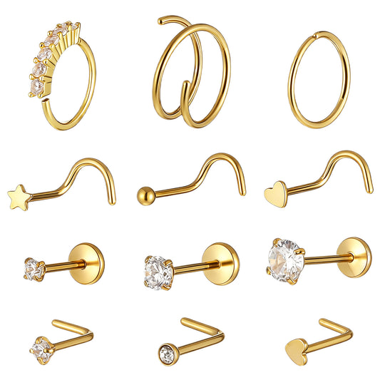 Josojoou 12PCS Gold Nose Piercing for Women, 20G Nose Ring, Stainless Steel Noses Ring with Rhinestones Stars, Hearts, L-shaped Rings, for Noses, Auricle, Ear Cartilage(Gold)