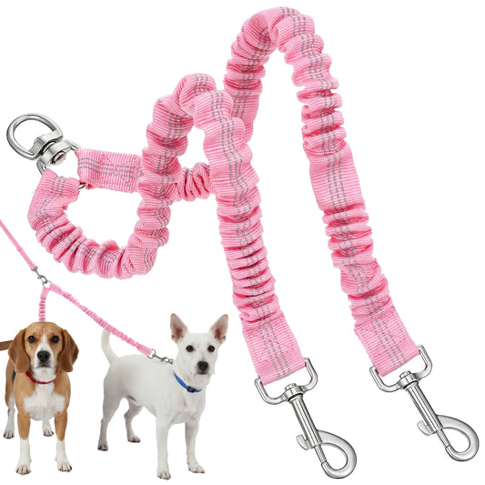 Double Dog Leash, Elasticity Dog Leash for 2 Dogs, 360° Swivel Anti-winding Walking Training Leashes for Dogs That Pull, Comfortable Shock Absorbing Bungee(Pink)