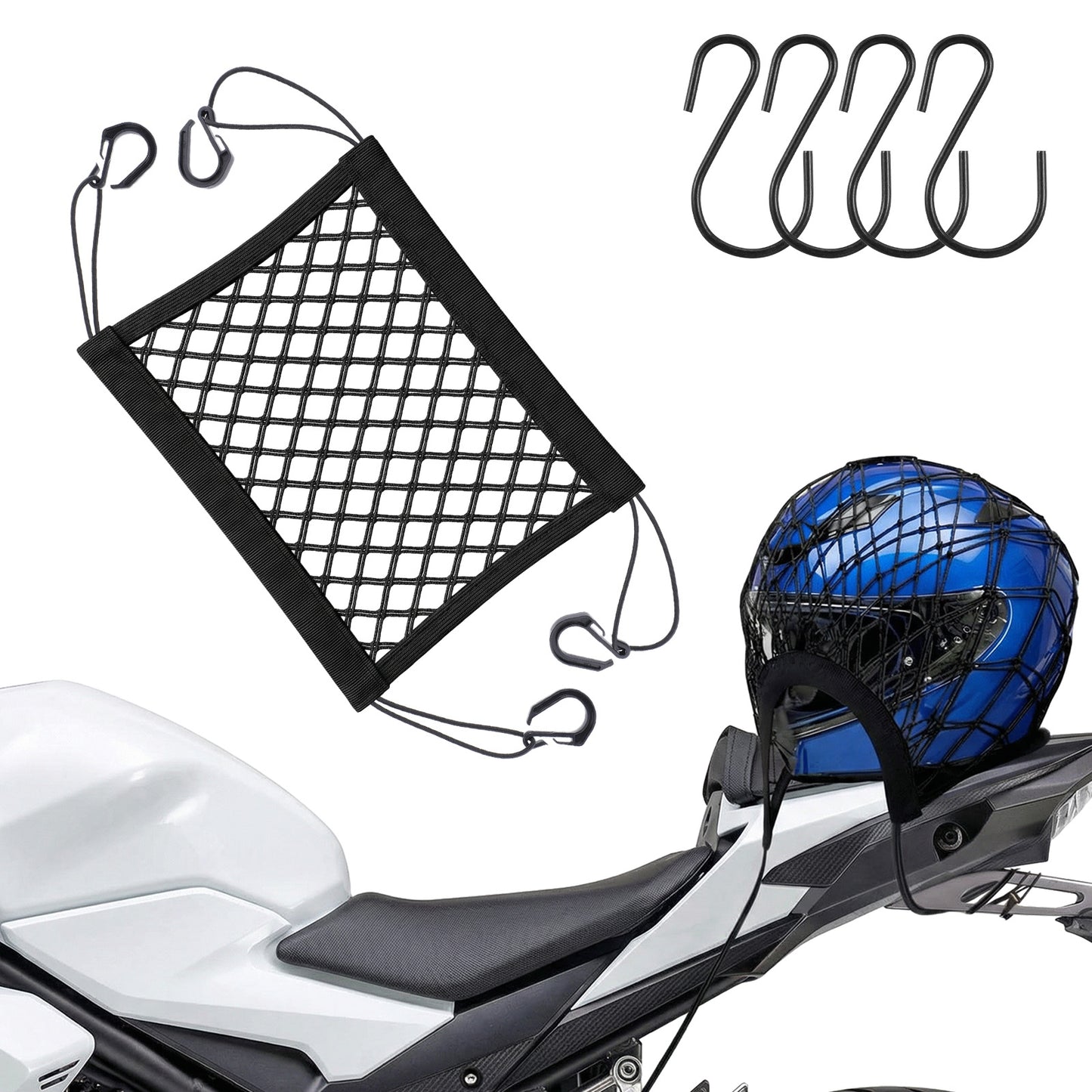 Motorcycle Cargo Net, 7.3"x6.3" Double Layer High-Elastic Bungee Net with 4 Metal Hooks, Upgrade Non-Slip Mesh for Helmet Storage, Luggage & Gear Organizer on Motorbike, Scooter, Electric Bike, Trike