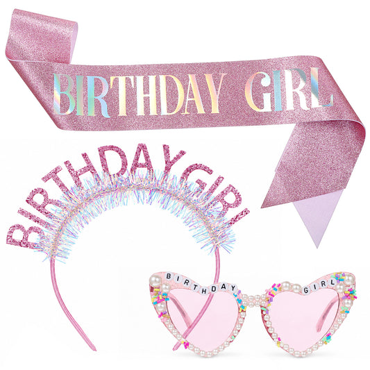 Gemoioio Birthday Sash Set Glitter 'birthday Girl ' Headband Tiara Crown Sunglasses Glitter Pink Favors Gift Outfit Accessories For Adult Women Princess Happy Birthday Party Decorations Fun Glasses