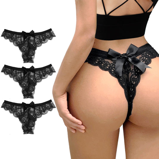 Telooco 3 Pack Lace Bow Thongs Women Sexy Panties Low Waist Panties V-Shape Naughty Cheeky Underwear for Bride (Medium, Black)