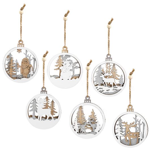 6 Pcs Christmas Ornament Kits Hollow Cutting Wooden Christmas Ornaments for Crafts Farmhouse Christmas Ornaments Rustic Winter Hanging Tree Decorations for Indoor Outdoor Party Decor