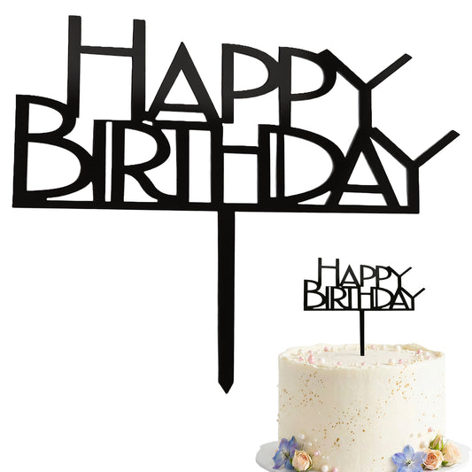 Happy Birthday Cake Topper Acrylic – Mirror Black Cake Decoration for Birthday Party Supply, Reusable Cakes Decor for Women Men