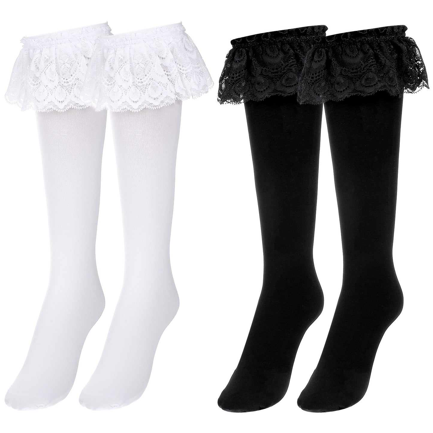 Josojoou 2 Pairs Lace Knee High Socks, Knee High Ruffle Socks - Soft Stretchy Knees Highs Stockings for Daily Wear, Lolita & Princess Style, Cute Cosplay Sock (Black, White)