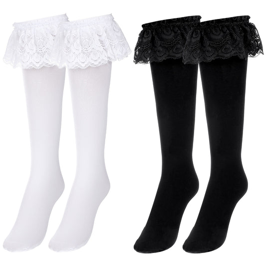 Josojoou 2 Pairs Lace Knee High Socks, Knee High Ruffle Socks - Soft Stretchy Knees Highs Stockings for Daily Wear, Lolita & Princess Style, Cute Cosplay Sock (Black, White)
